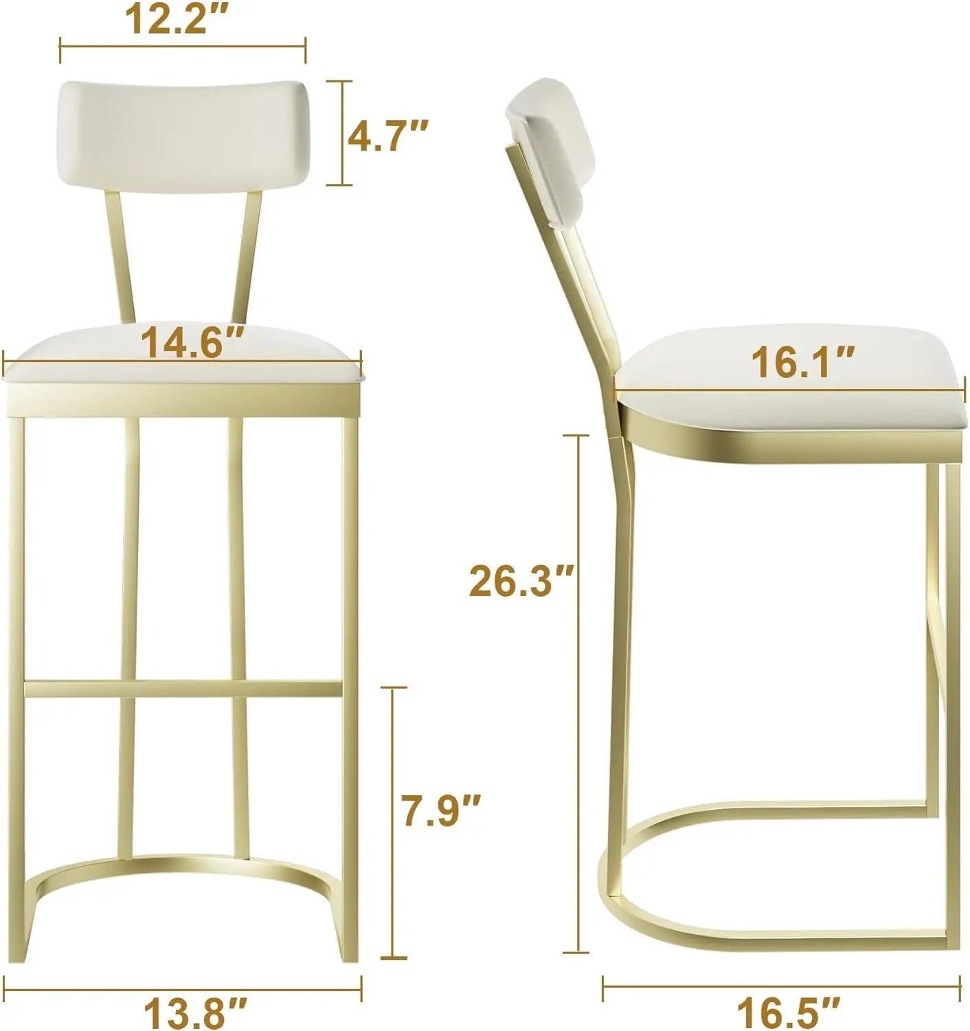 2Pcs Counter Height Bar Stools Set with Back Metal Frame & Upholstered Seat Tall Barstools for Kitchen Island, Home Dining Room
