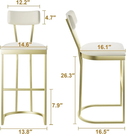2Pcs Counter Height Bar Stools Set with Back Metal Frame & Upholstered Seat Tall Barstools for Kitchen Island, Home Dining Room
