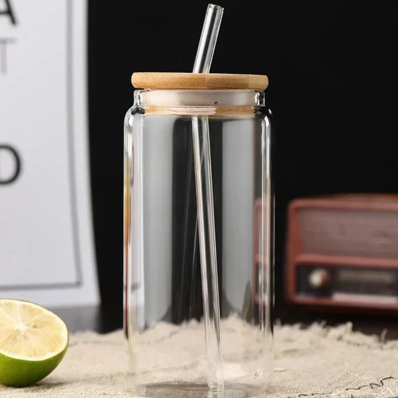 450ml/550ml Transparent Glass Cup with Wooden Lid and Straw Home High Borosilicate Glass Juice Cup Water Cup Drinking Utensils