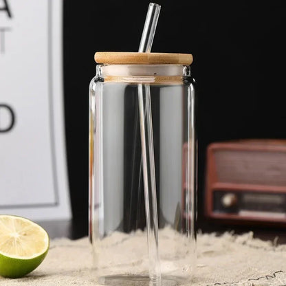 450ml/550ml Transparent Glass Cup with Wooden Lid and Straw Home High Borosilicate Glass Juice Cup Water Cup Drinking Utensils