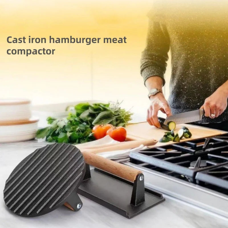 1pc Cast iron Rectangular Meat Press Round Heavy-Duty Steak Burger Press Barbecue Press For Flat Top Grill Hamburger Grinder
