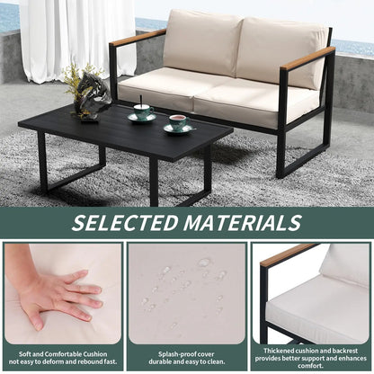 4-Piece Outdoor Patio Set, Metal Conversation Sofa With Washable Cushions, 2 Chairs & Coffee Table For Garden Balcony