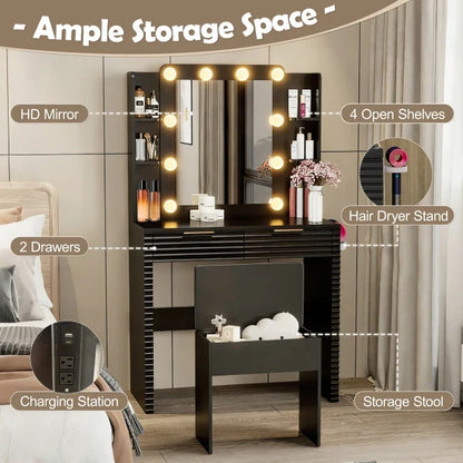 Makeup Vanity Desk with 10 Bulbs, Fluted Dressing Table with Charging Station, 2 Drawers and 4 Open