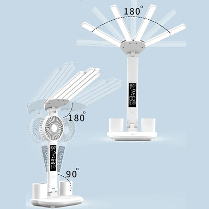 3In1 Multifunctional Desk Lamp LED Desk Lamp Four-Head Folding With Fan Calendar Clock USB Rechargeable Reading Office Desk Lamp