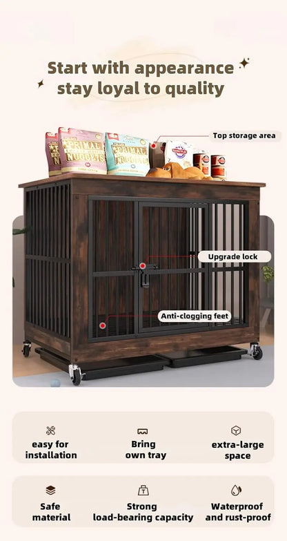 Wooden Dog Crate with Wheels Furniture, for Indoor, for All Dogs, Decorative Side End Table Multiple Units Can be Combined