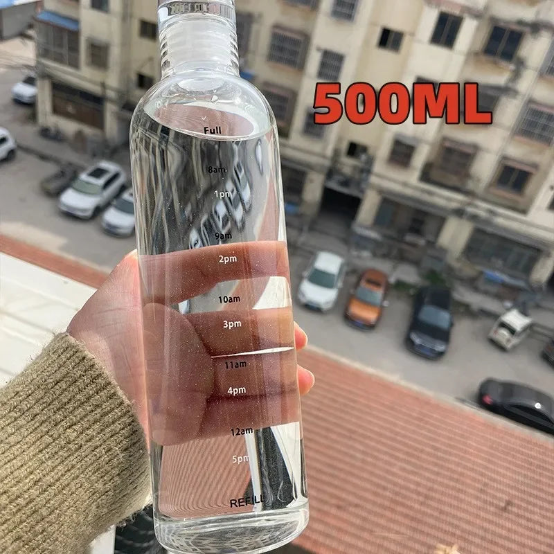 300-1000ml High Borosilicate Glass Water Bottle Portable Sports Leak Proof Water Cup with Time Marker Transparent Water Cup