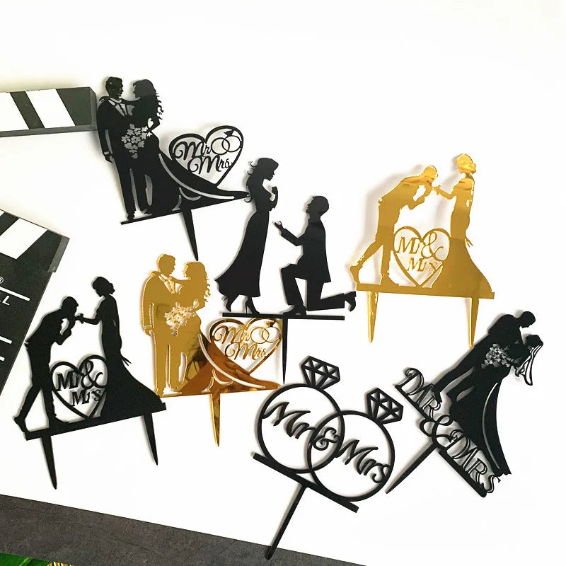New MR&MRS Happy Wedding Cake Topper Gold Black Acrylic Ring Groom Bride Cake Topper Wedding Engagement Party Dessert Decoration
