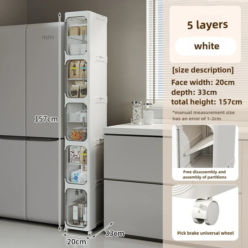 Household bathroom narrow seam storage cabinet, multifunctional foldable with wheels, dust-proof and crevice storage cabinet