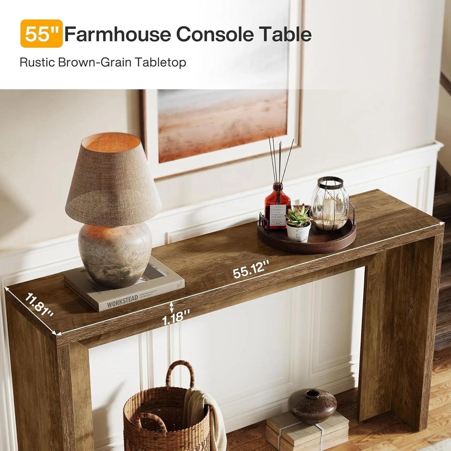 55-Inch Farmhouse Console Table, Wooden Sofa Table with Storage for Entryway