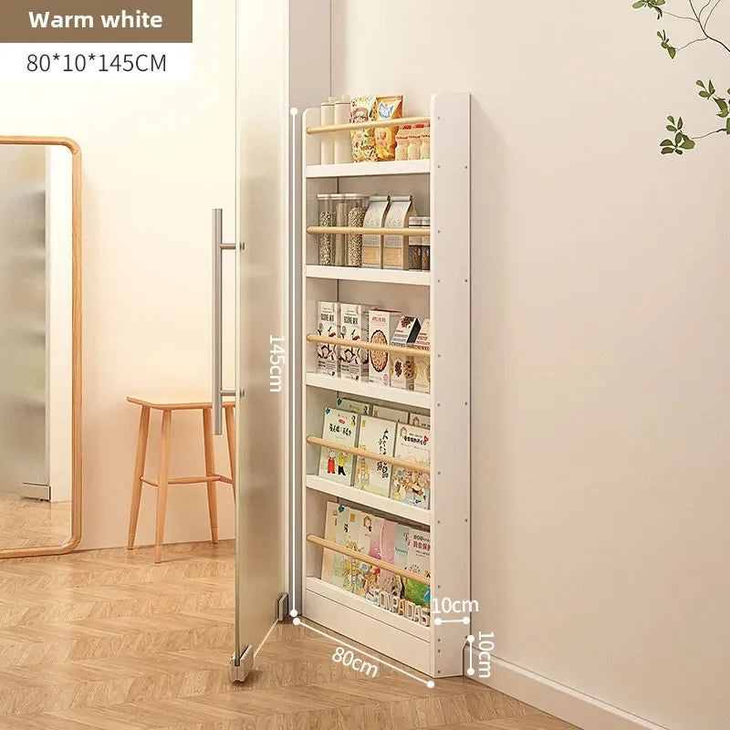 Solid wood bookshelf, floor standing wall mounted multi-layer storage rack, household bookshelf, thin bookshelf behind the door