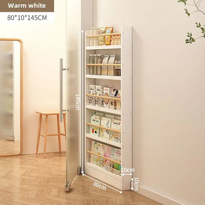 Solid wood bookshelf, floor standing wall mounted multi-layer storage rack, household bookshelf, thin bookshelf behind the door