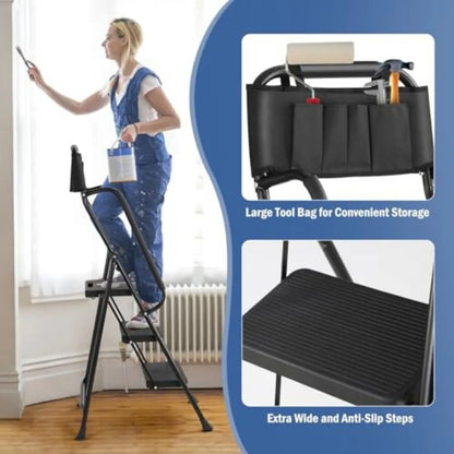 3 Step stool Ladder with Handrails 330 lbs folding Attachable Tool