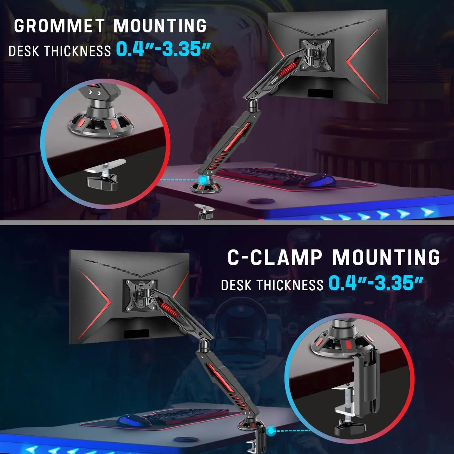 Adjustable Gaming Monitor Arm with Mechanical Spring, C Clamp & Grommet Base for Screens up to 32", VESA Compatible