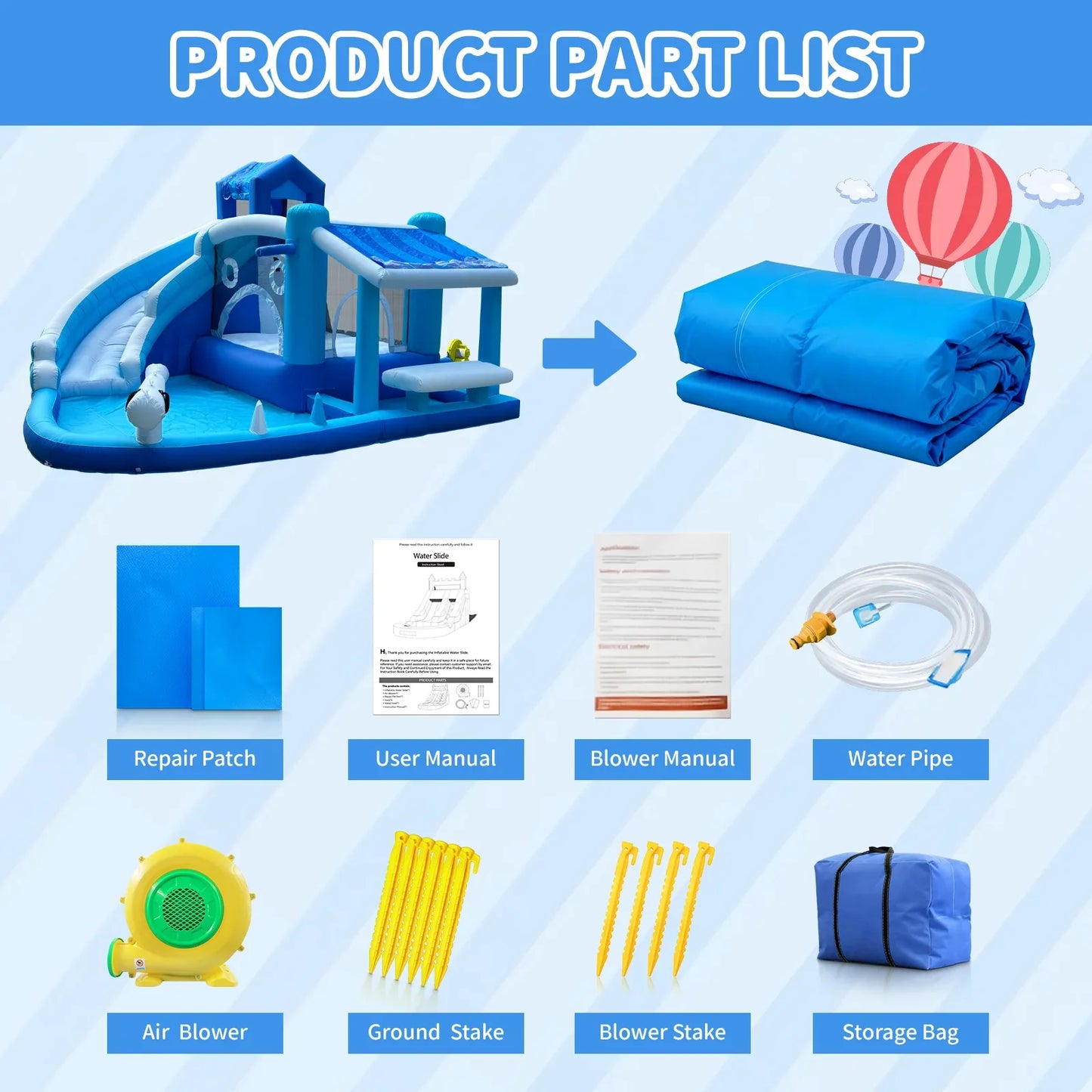 Inflatable  Water Slide Park-Huge Splash Pool-Easy to Set Up & Inflate with Air Blower,Bule   Water Slid Outdoor Use