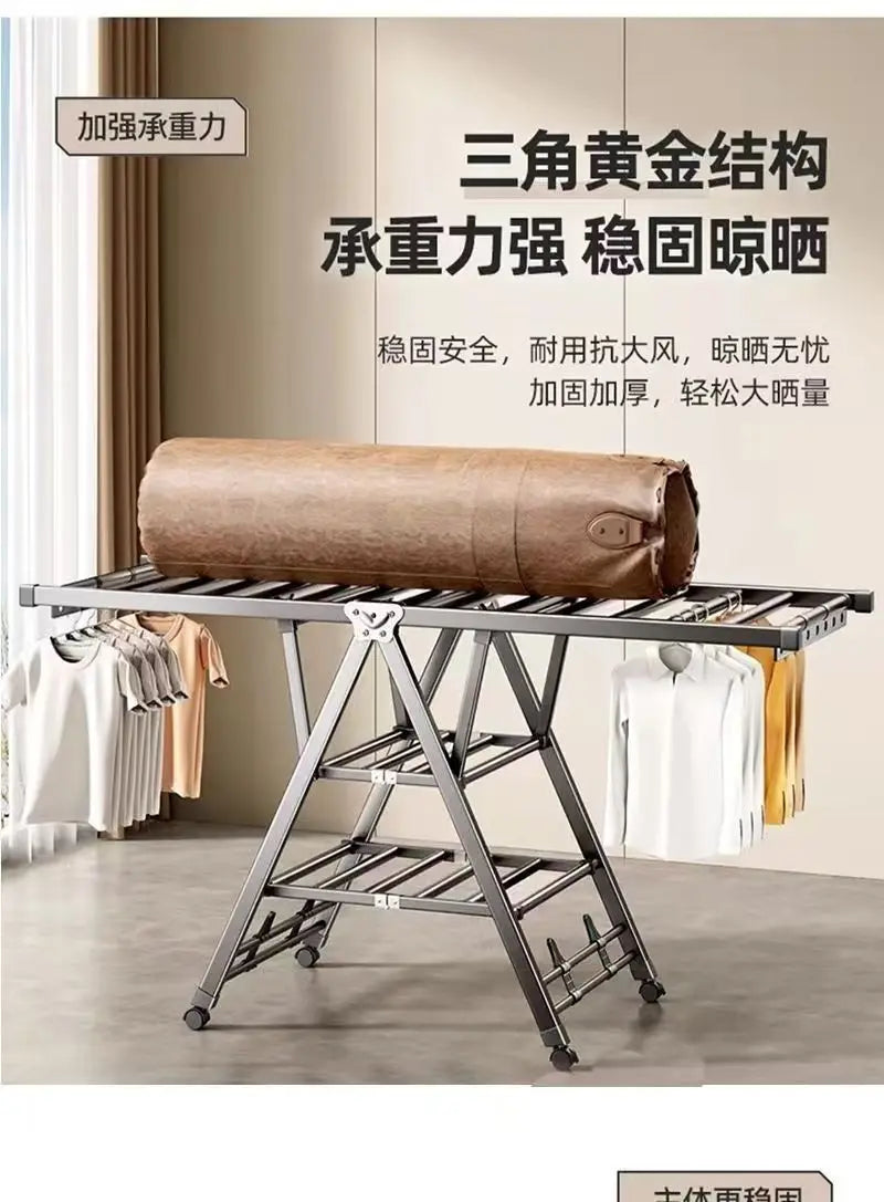 Folding clothes rack home movable balcony bedroom clothes rack clothes rod telescopic clothes rack