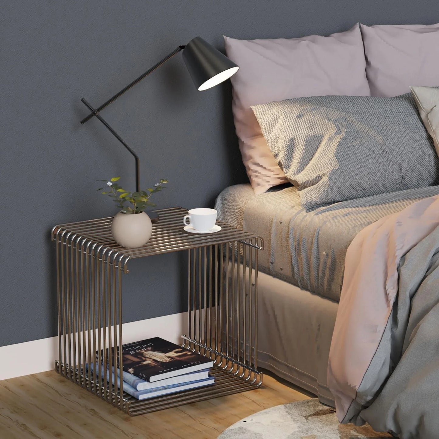 Side Table with Metal Frame, Modern Minimalist End Table, Space-Saving Bedside Table, Nightstand Suitable for Bedroom