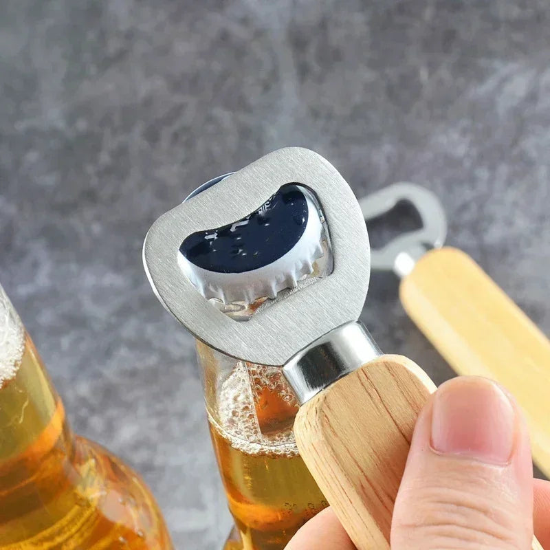 Popular Beer Bottle Opener with Thickened Stainless Steel Wooden Handle Capable of Opening Alcoholic & Non-alcoholic Beverages