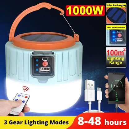 1000W Outdoor Solar LED Camping Light USB Rechargeable Tent Lamp Portable Lanterns Emergency Lights For BBQ Hiking Night Market