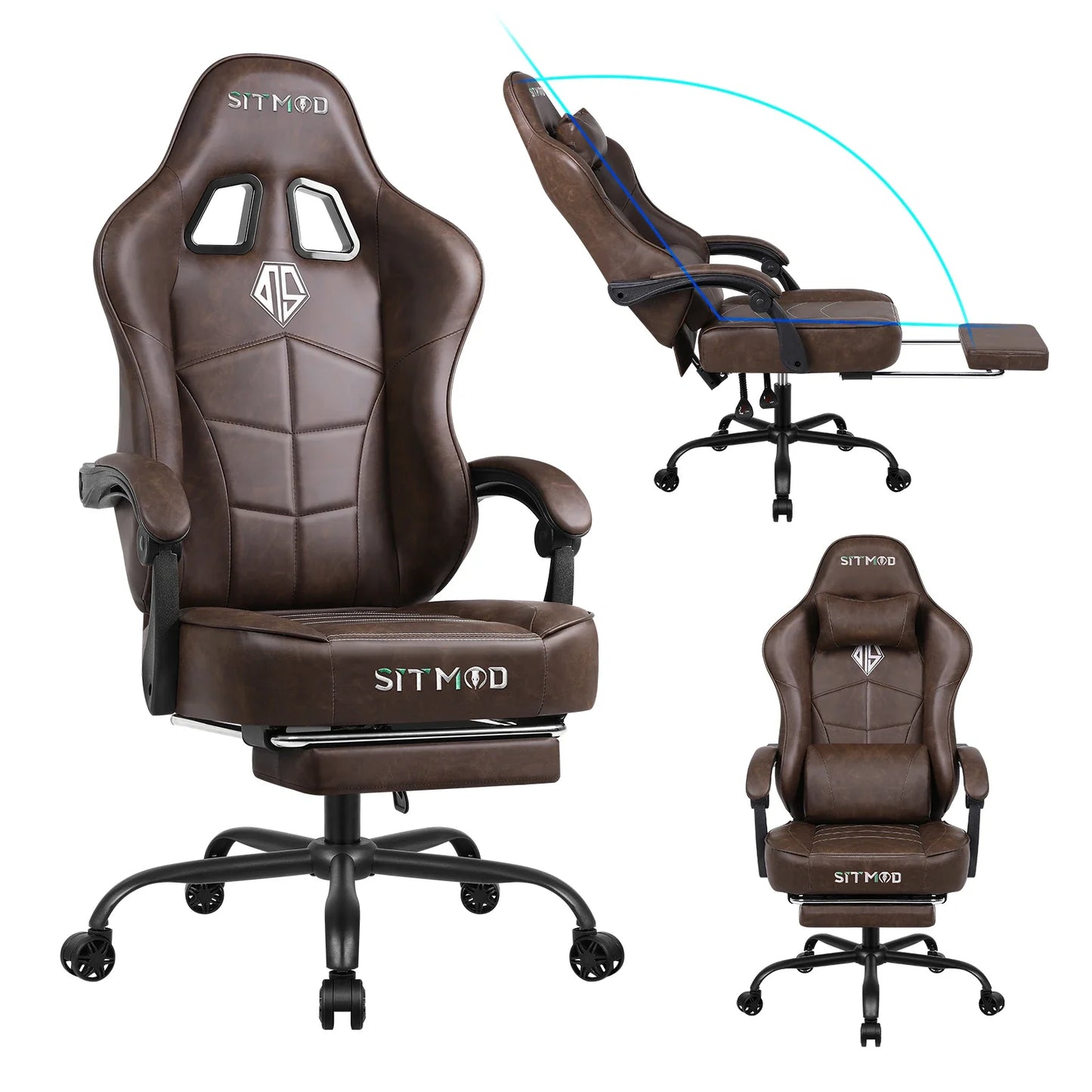 gaming chair with footrest, 400LBS capacity. Adjustable lumbar support, height-reclining. Heavy-duty PU leather, ergonomic