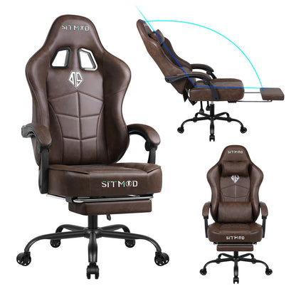 gaming chair with footrest, 400LBS capacity. Adjustable lumbar support, height-reclining. Heavy-duty PU leather, ergonomic
