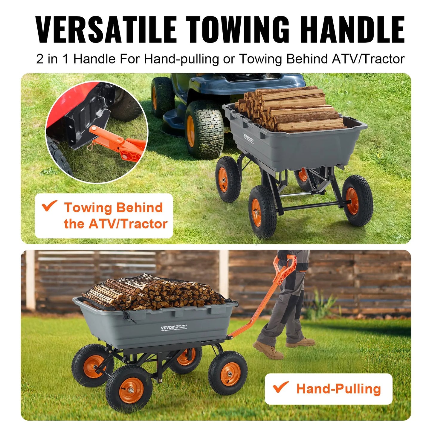 VEVOR Poly Garden Dump Cart Heavy-duty Yard Carts and Wagons 1500 lbs 13" Tires