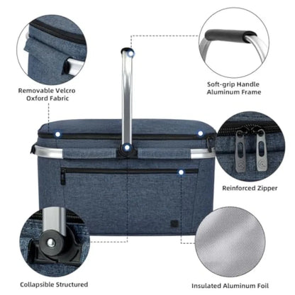 ALLCAMP Picnic Basket - 2 Ice Box Included 2L Insulated Cooler Thickening Foldable Picnic Basket with Removable Baskets and Sew