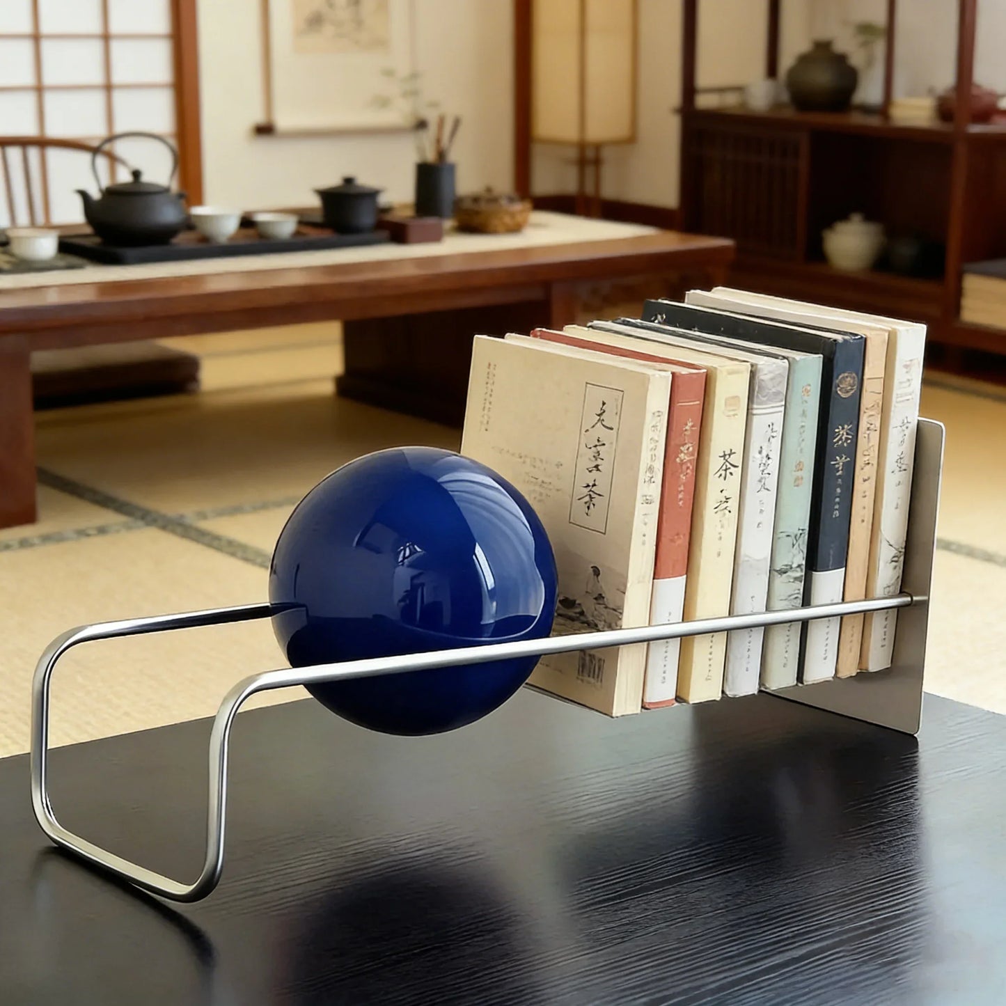 Modern Gravity Ball Book Holder – Bauhaus Mid-Century Desktop Organizer, Chic Magazine & Newspaper Rack, Stylish Office Desk
