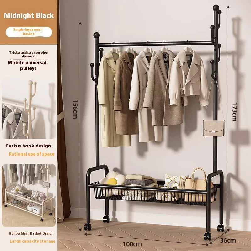 Metal Cream Wheeled Standing Coat Rack Clothes Rack Hat Bag Hanger Bedroom Entryway Hall Closet Organizer Home Furniture