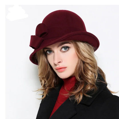 Hat Children Elegant Retro Woolen Top Hat Curled Edge Bow Fashion Pot Hat Big Head Circumference Felt Palace Hat