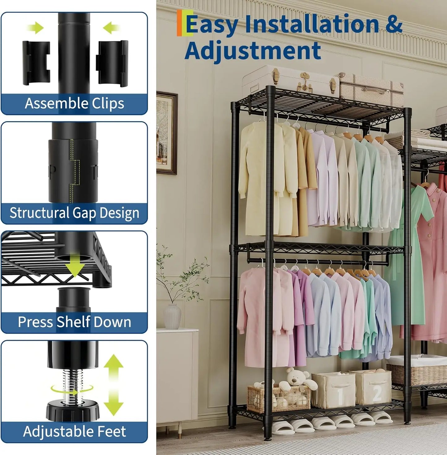5-Tier Clothes Rack Heavy Duty Garment Rack with 8 Adjustable Shelves 5 Hanging Rods for Hanging Clothes 187W x 44D x 194H cm