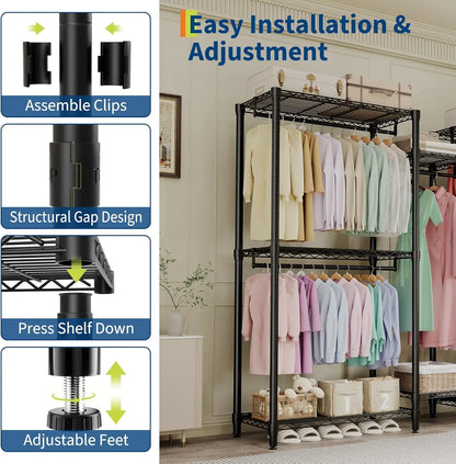 5-Tier Clothes Rack Heavy Duty Garment Rack with 8 Adjustable Shelves 5 Hanging Rods for Hanging Clothes 187W x 44D x 194H cm