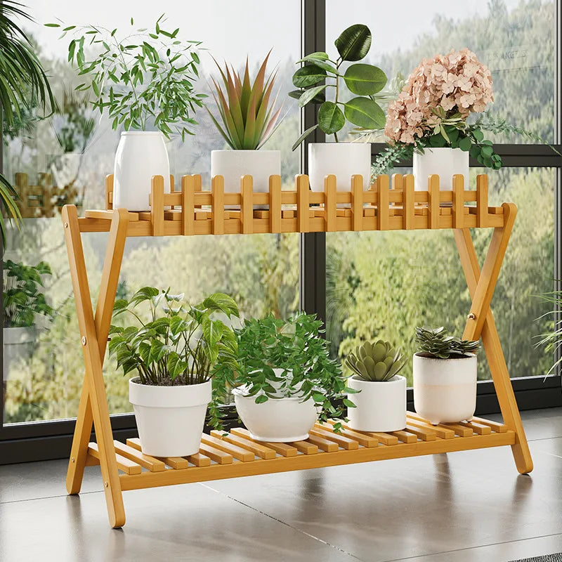 Natural Bamboo Multi Tier Floor Plant Stand Mobile Flower Pot Shelf Indoor Outdoor Balcony Living Room Succulent Display