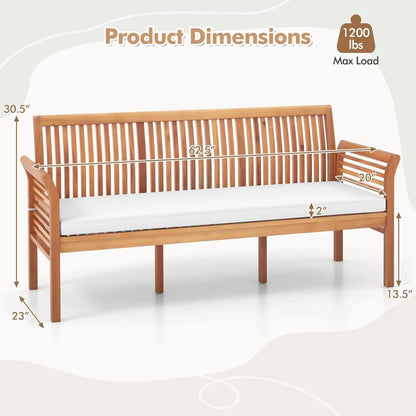 Wooden Outdoor Bench with White Cushion, Garden Bench with Curved Armrest & Slatted Back for Patio, Park & Porch