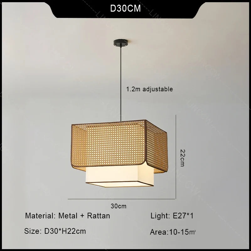 Rustic Retro Rattan Restaurant pandent light Wabi Sabi E27 Led square Chandelier Coffee Table Dining Table Decor Fixtures
