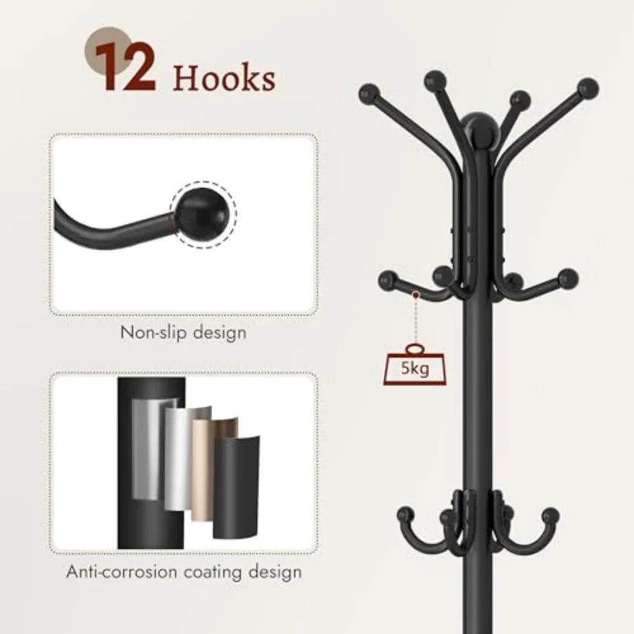 Coat Rack FreestandingCoat Rack Stand with Umbrella Holder Metal Coat Tree with 12 Hooks Tree Clothes Hat for Entryway Hallway