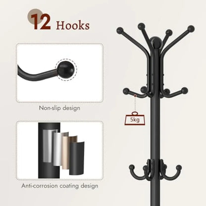 Coat Rack FreestandingCoat Rack Stand with Umbrella Holder Metal Coat Tree with 12 Hooks Tree Clothes Hat for Entryway Hallway