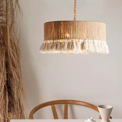 Bohemian Vintage Hemp Rope Pendant light E27 Tassel Cage Chandelier with Dining Room Kitchen Island Farmhouse Rest hanging light