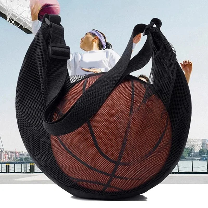 Single Ball Bag with Zipper Pocket Mesh Ball Storage Bag Sport Equipment Drawstring Sling Storage Net Carrying Basketball