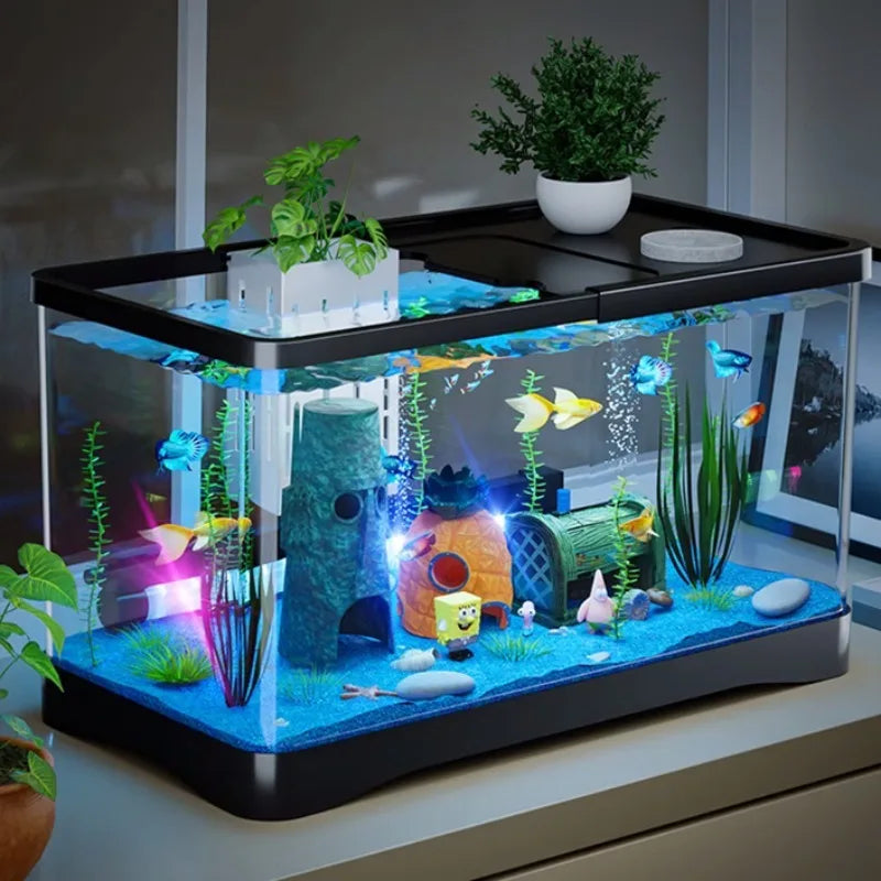 Fish tank living room new transparent filter oxygen generator desktop landscaping ornament with light strip ecological fish tank