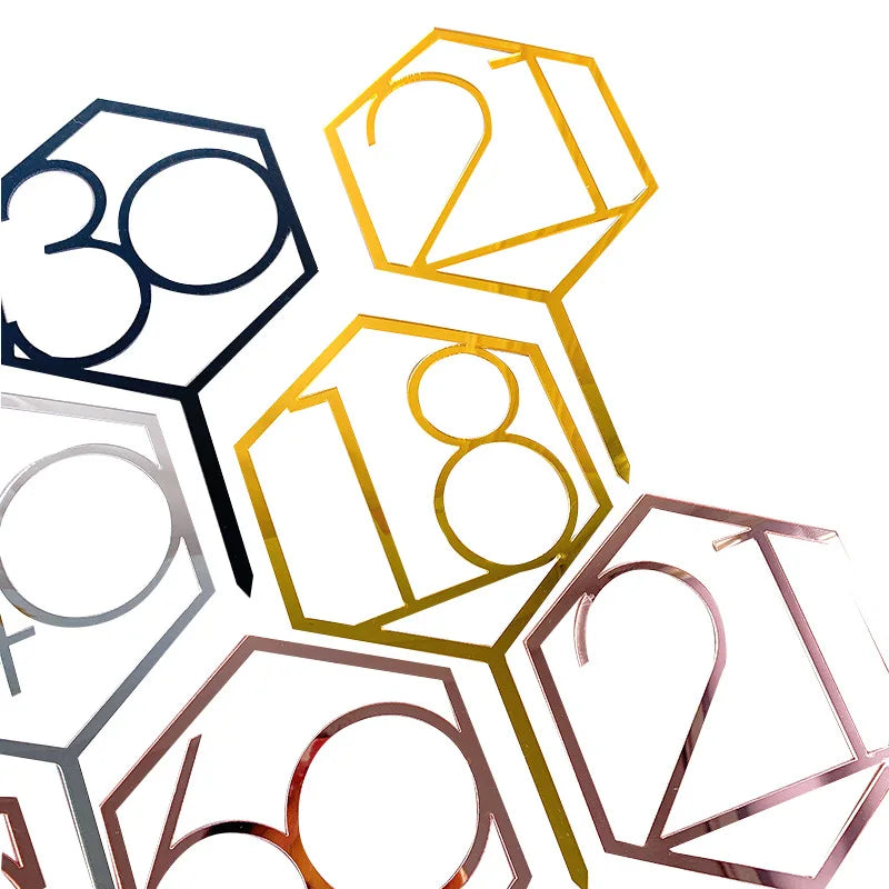 Numbers18-60 Happy Birthday Cake Topper Gold Silver Hexagonal Acrylic Anniversary Party Cupcake Topper Cakes Dessert Decoration