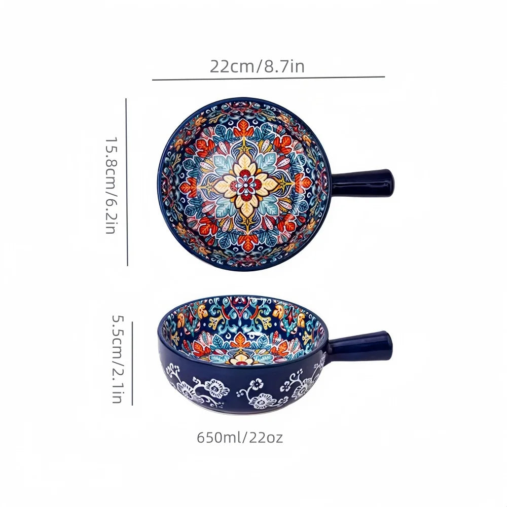 Bohemian Ceramic Hand-Painted Embossed Patterned Salad Bowl with Handle Kitchen Bakeware Microwave & Oven Safe 1 pc