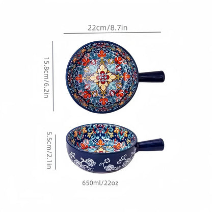 Bohemian Ceramic Hand-Painted Embossed Patterned Salad Bowl with Handle Kitchen Bakeware Microwave & Oven Safe 1 pc