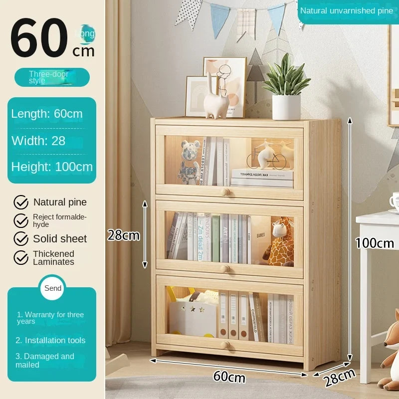 Solid wood bookcase with door transparent dustproof cabinet multi-layer floor-standing bookshelf home simple storage rack