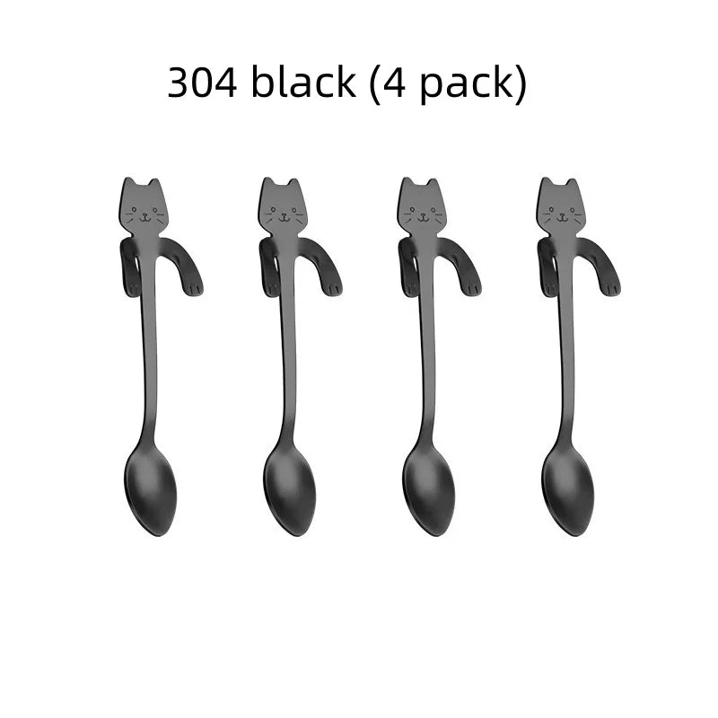 2/4PCS Set 304 Stainless Steel Cat Spoon Creative Cartoon Hanging Edge Spoon Cute Coffee Spoon Gold-plated Stirring Spoon