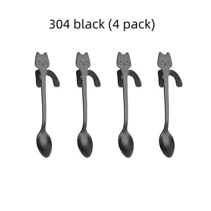 2/4PCS Set 304 Stainless Steel Cat Spoon Creative Cartoon Hanging Edge Spoon Cute Coffee Spoon Gold-plated Stirring Spoon