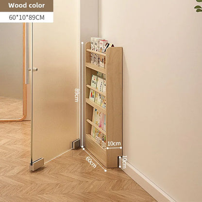 Solid wood bookshelf, floor standing wall mounted multi-layer storage rack, household bookshelf, thin bookshelf behind the door