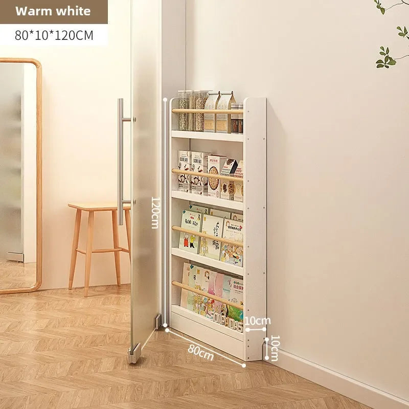 Solid wood bookshelf, floor standing wall mounted multi-layer storage rack, household bookshelf, thin bookshelf behind the door