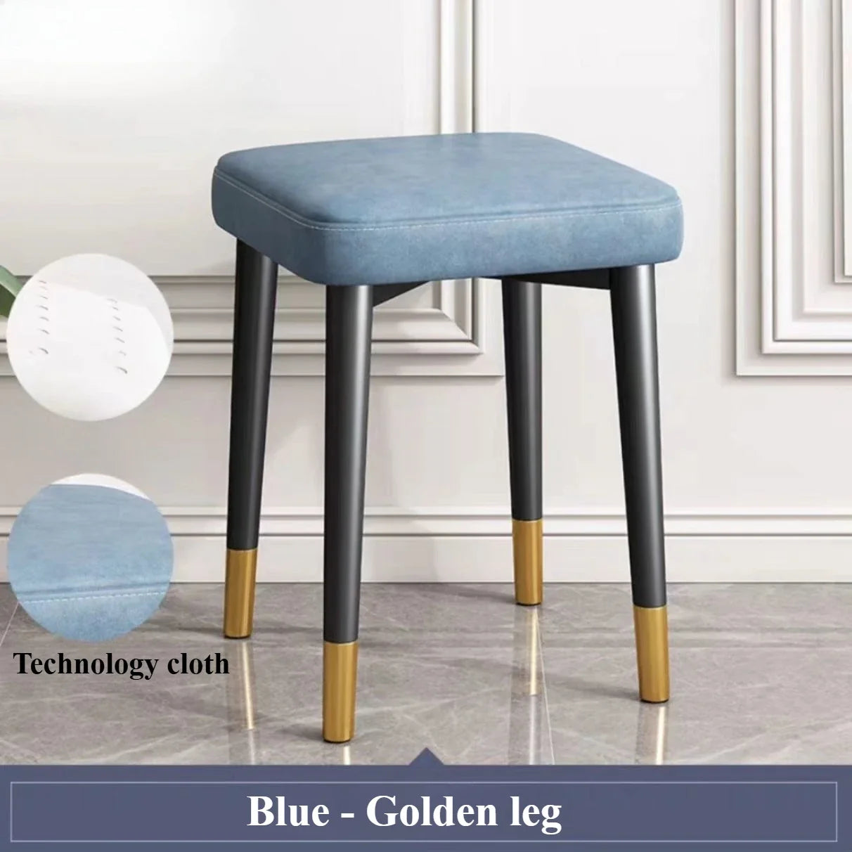 Modern Cushioned Stool for Dining Room, Living Room, Bedroom, and Office | with Golden Foot Cover, Criss-cross Construction Leg