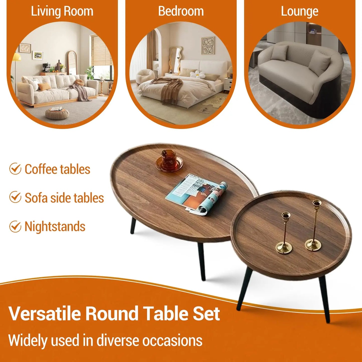 Nesting Coffee Table Set of 2 Mid Century Modern Walnut End Tables For Living Room Small Spaces Sofa Side Table