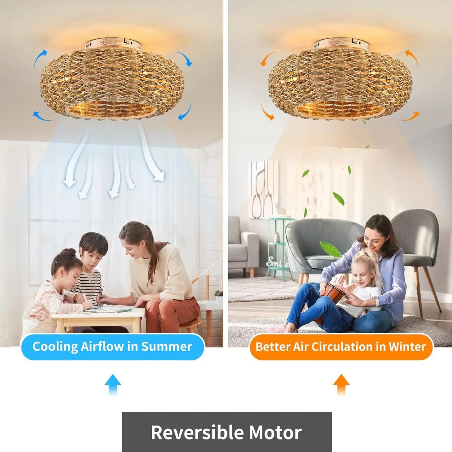 Bamboo Ceiling Fan Fans With Lights Remote Control Bedroom Decor Ventilator Lamp 50cm Air Invisible Blades Retractable Silent